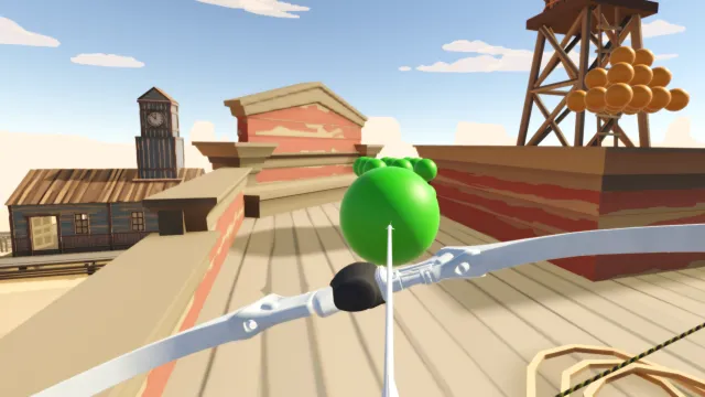 Colorball gameplay: aiming a bow at a green ball on a western rooftop.