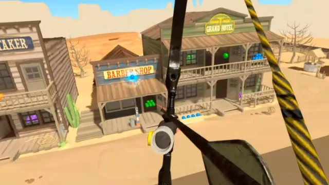 Colorball gameplay: drawing a bow on a western town street, colored balls on the Barber Shop and the Grand Hotel.