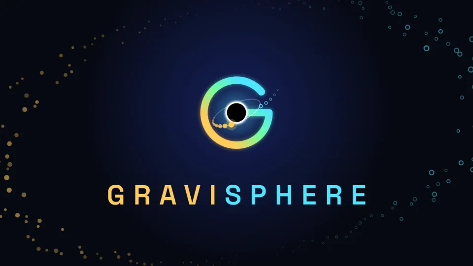 Gravisphere key art: a G-shaped orbit around a black field, with gold and cyan stardust drifting around it.